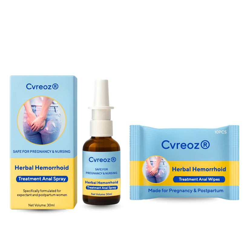 Kombinationstherapie: Cvreoz® Pflanzliches Hämorrhoiden-Behandlungsspray für den Analbereich + Reinigungstücher – Für Schwangerschaft und Wochenbett geeignet