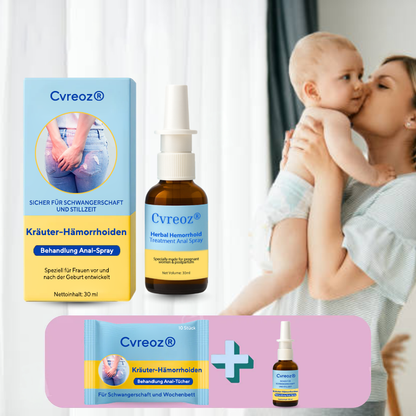 Kombinationstherapie: Cvreoz® Pflanzliches Hämorrhoiden-Behandlungsspray für den Analbereich + Reinigungstücher – Für Schwangerschaft und Wochenbett geeignet