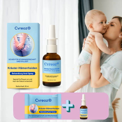 Kombinationstherapie: Cvreoz® Pflanzliches Hämorrhoiden-Behandlungsspray für den Analbereich + Reinigungstücher – Für Schwangerschaft und Wochenbett geeignet
