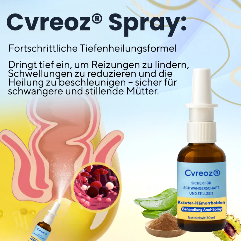 Kombinationstherapie: Cvreoz® Pflanzliches Hämorrhoiden-Behandlungsspray für den Analbereich + Reinigungstücher – Für Schwangerschaft und Wochenbett geeignet
