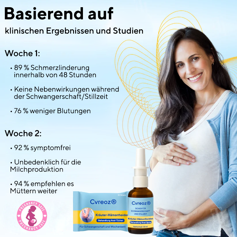 Kombinationstherapie: Cvreoz® Pflanzliches Hämorrhoiden-Behandlungsspray für den Analbereich + Reinigungstücher – Für Schwangerschaft und Wochenbett geeignet