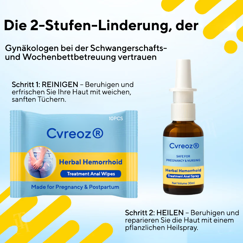Kombinationstherapie: Cvreoz® Pflanzliches Hämorrhoiden-Behandlungsspray für den Analbereich + Reinigungstücher – Für Schwangerschaft und Wochenbett geeignet