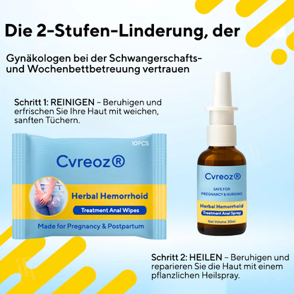 Kombinationstherapie: Cvreoz® Pflanzliches Hämorrhoiden-Behandlungsspray für den Analbereich + Reinigungstücher – Für Schwangerschaft und Wochenbett geeignet