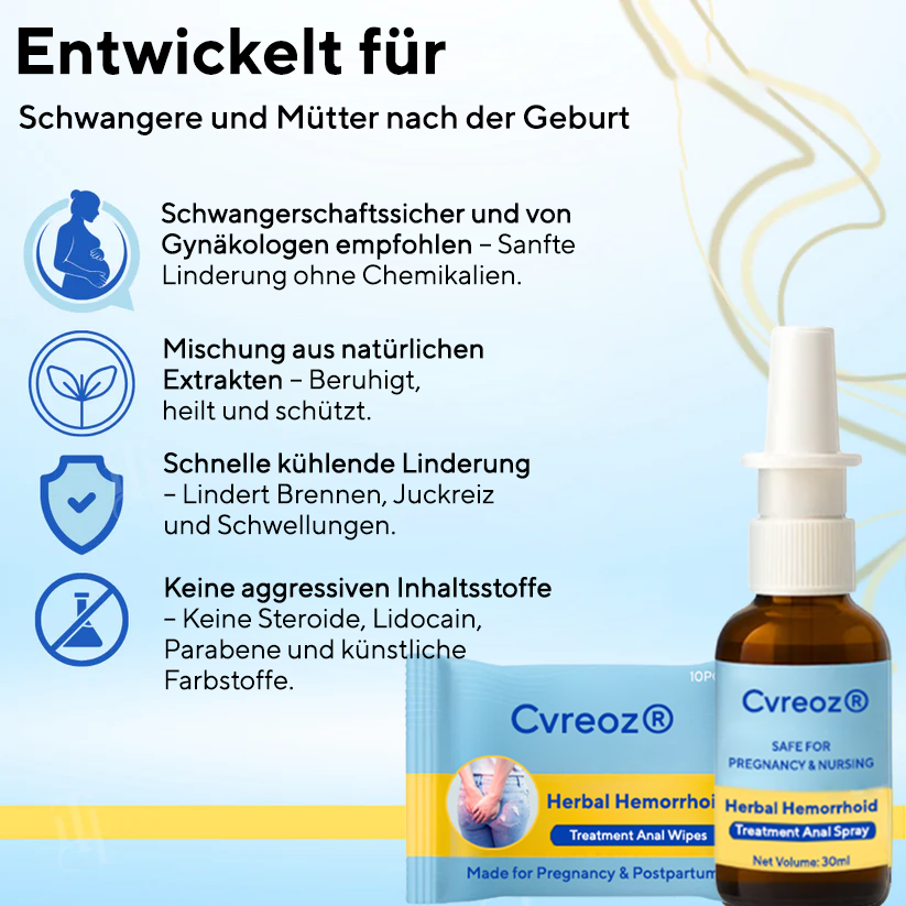 Kombinationstherapie: Cvreoz® Pflanzliches Hämorrhoiden-Behandlungsspray für den Analbereich + Reinigungstücher – Für Schwangerschaft und Wochenbett geeignet
